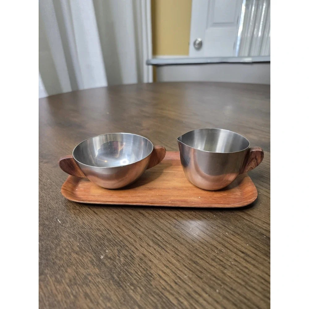 Vintage Brostrom Teakwood Tray Denmark‎ Cream And Sugar Set Stainless Steel E2